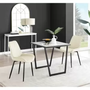 Image of Furniture Box Carson White Marble Effect Square Dining Table and 2 Cream Pesaro Black Leg Chairs
