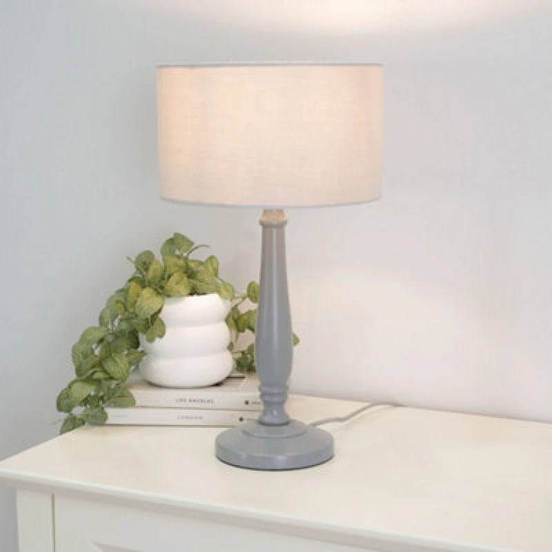 Image of ValueLights Victoria Grey Wood Traditional Table Lamp with Fabric Drum Shade Grey