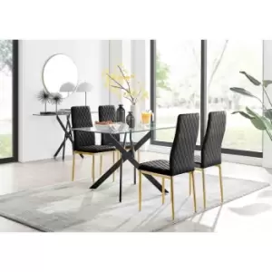 Image of Furniture Box Leonardo Black Leg Glass Dining Table and 4 Black Velvet Milan Gold Leg Chairs
