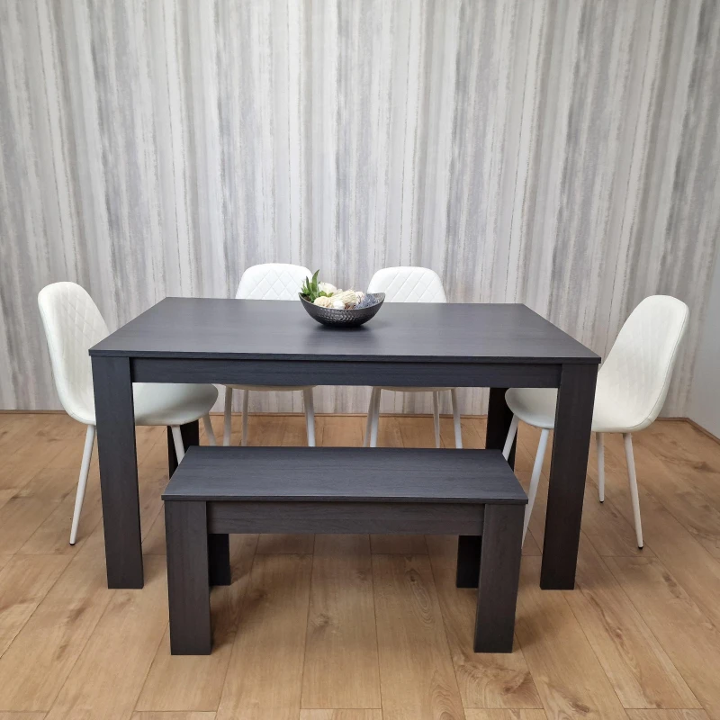Image of KOSY KOALA KOSY KOALA Grey Dining Table With 1 Bench and 4 Diamond Stitched White Chairs in Dark Grey Dark Grey One Size Unisex 5060711587226