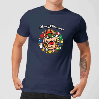 Image of Nintendo Super Mario Bowser Merry Christmas Wreath Navy T-Shirt - XXL - Navy