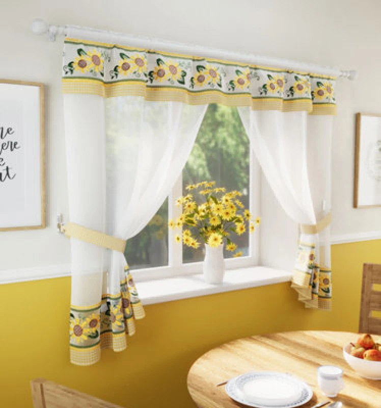 Image of Tyrone Textiles Floral Embroidery Kitchen Curtains Window Sets with Matching Tie Backs Yellow