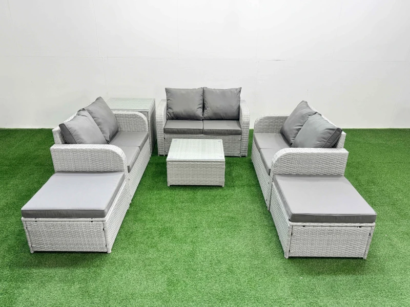 Image of Fimous 8 Seater PE Wicker Rattan Furniture Sofa Sets with Square Coffee Table 2 Seater Love Sofa 2 Big Footstool Side Table Light Grey Light Grey