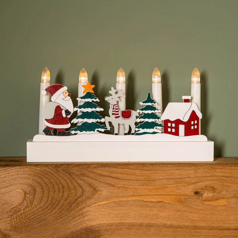 Image of 28cm Battery Operated Light up White Wooden Christmas Candle Bridge with Santa Scene and 5 LEDs