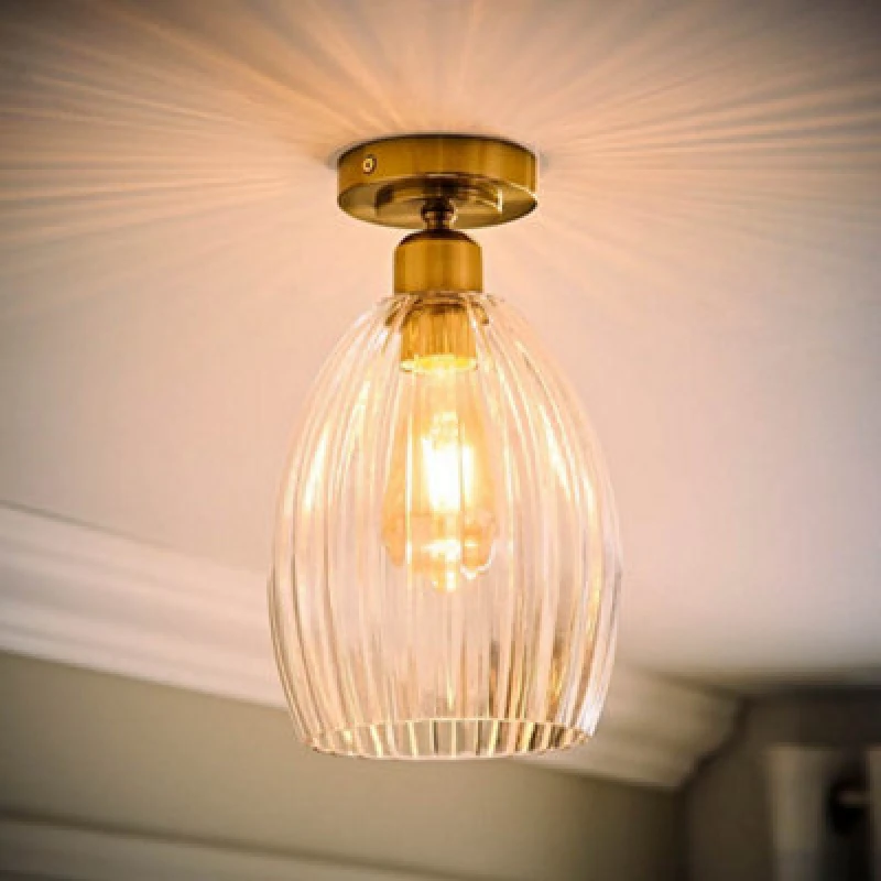 Image of ValueLights ValueLights Cheltenham Clear Ribbed Glass Dome Flush Ceiling Light with LED Bulb in Gold Gold One Size Unisex 5059406071195