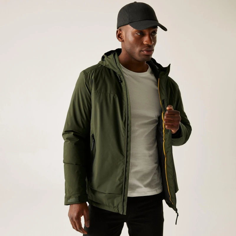Image of Regatta Regatta Men Winsar Hooded Waterproof Breathable Insulated Jacket in Dark Green Size: 4X-Large Dark Green 4XL Male 5063516101796