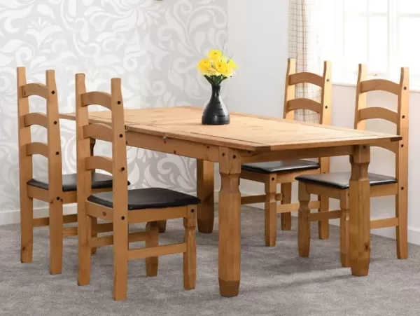 Image of Seconique Corona Pine Extending Dining Table and 4 Brown Faux Leather Chairs