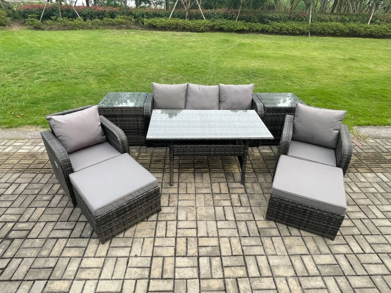 Image of Fimous Rattan Outdoor Garden Furniture Set Rectangular Dining Table & Chair Sofa Set With 2 Side Tables 2 Big Footstool in Dark Grey Dark Grey Unisex