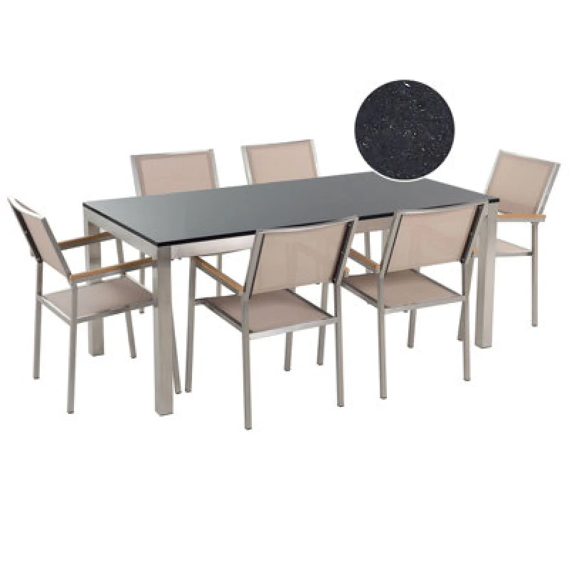 Image of Beliani Garden Dining Set 6 Seater Grosseto Granite Polished Black/ Beige