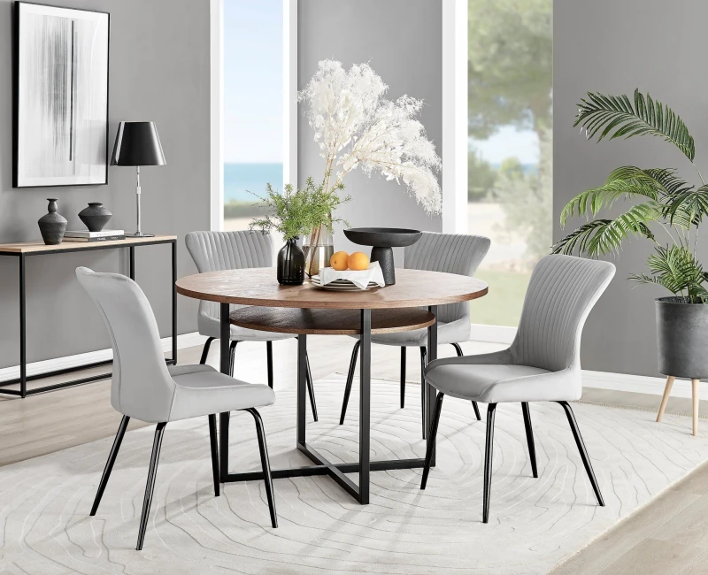 Image of FurnitureboxUK FurnitureboxUK Adley Brown Wood Storage Dining Table & 4 Nora Black Leg Chairs in Light Grey Light Grey One Size Unisex 5056542686580