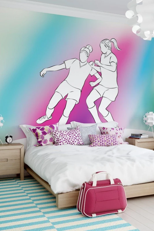 Image of Origin Murals Girls Playing Football Wall Mural in Blue Size: W300cm x H240cm Blue Unisex W300cm x H240 cm