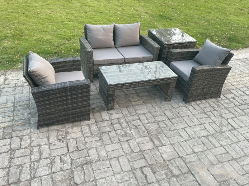Image of Fimous 4 Seater Outdoor Rattan Garden Furniture Set Patio Lounge Sofa Set with Coffee Table Side Table Dark Grey Mixed Dark Grey Unisex