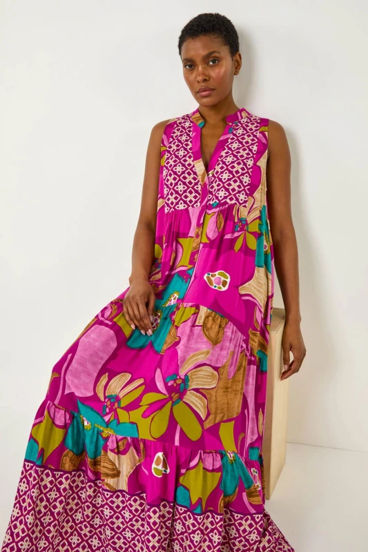 Image of Roman Womens Boho Floral Print Smock Maxi Dress in Purple Size: 20 Purple Female 20