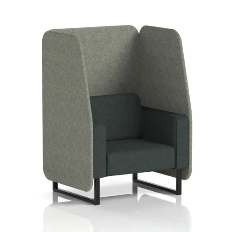Image of Brixworth 1 Seater Open Office Booth with Black Legs in Rivet Fabric - Vitreous Panels and Charcoal Sofa