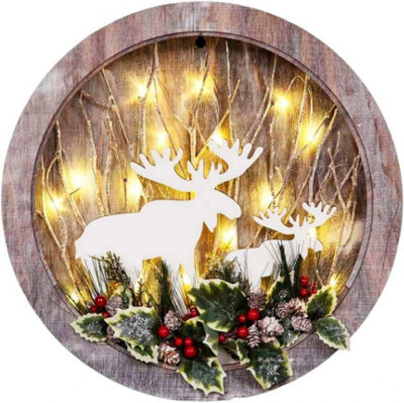 Image of Shatchi B/O LED Wooden Reindeer Scene - Wreath Shape - D30xW4.5 Brown