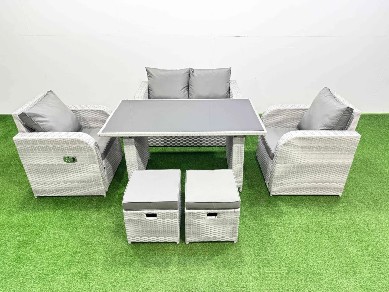 Image of Fimous Outdoor Rattan Garden Furniture Dining Set 6-seater with 2 Small Stool in Light Grey Light Grey Unisex