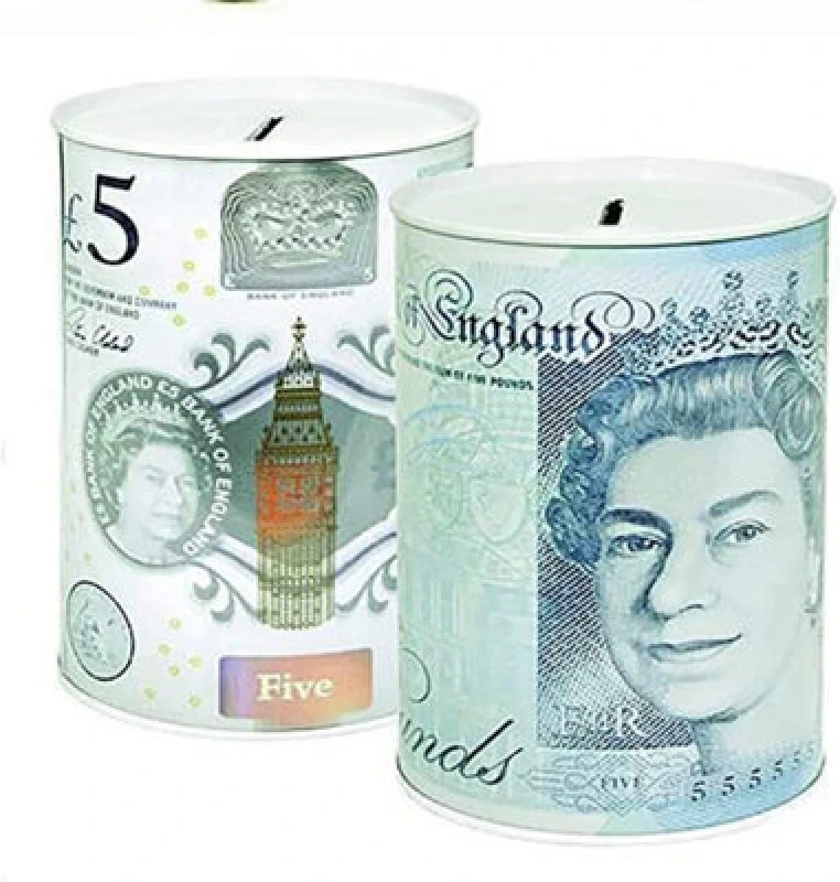 Image of KAV Sterling Money Tin Box Piggy Bank Cylindrical Shape and Multicolour 15x15cm (Set of 2 £5) Multi unisex