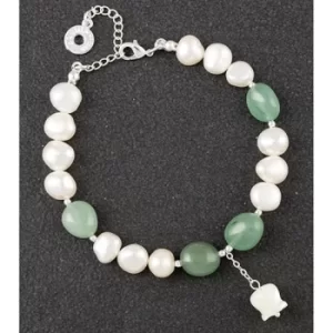 Image of Freshwater Pearl Jade Silver Plated Flower Charm Bracelet