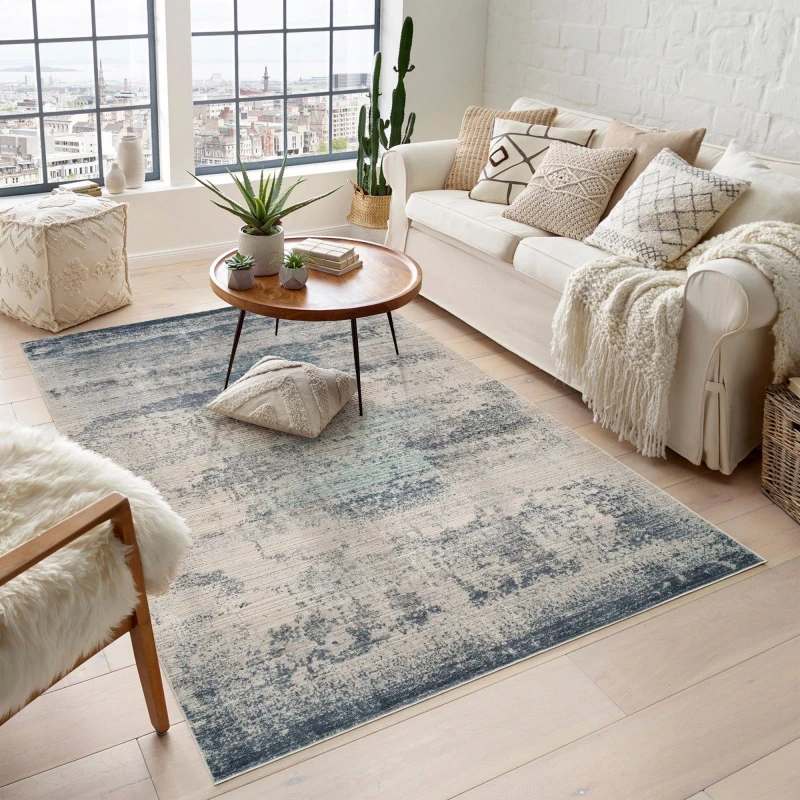 Image of Maia Washable Low Pile Non Slip Mist Abstract Area Rug - Navy, 200 X 300 Cm (Rectangular)