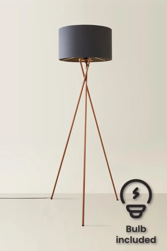 Image of ValueLights ValueLights Camden Copper Metal Tripod Floor Lamp with Drum Lamp Shade and Bulb in Charcoal Charcoal One Size Unisex 5055759993245