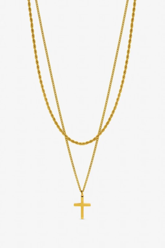 Image of Inicio Mens Gold Plated Waterproof Double row Cross Necklace - Gift Pouch Gold Male One Size