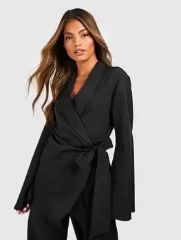 Image of Boohoo Flared Sleeve Belted Blazer - Black, Size 12, Women