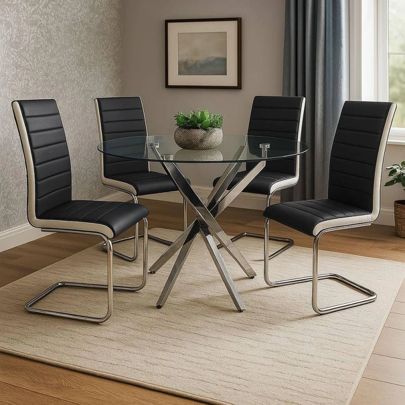 Image of Kosy Koala Round Glass Dining Table With 4 Leather White Black Chairs Dining Room, Multi MAYARND+4ZBW