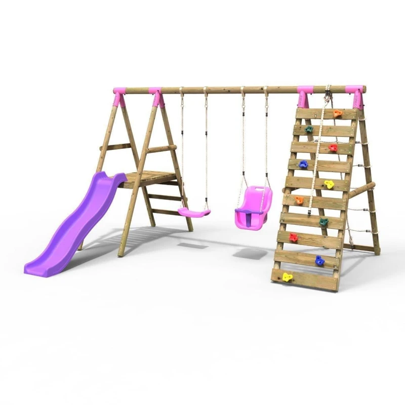 Image of Rebo Wooden Swing Set with Baby Seat, Slide and Climbing Wall - Moonstone Pink Pink