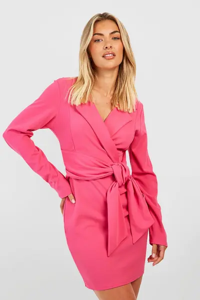 Image of boohoo Crepe Tie Waist Blazer Dress Hot Pink