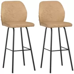 Image of HOMCOM Bar Stools Set of 2, Linen-Touch Upholstered Bar Chairs, Kitchen Stools with Backs and Steel Legs, Light Brown