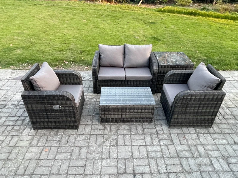 Image of Fimous 5 PC Outdoor PE Rattan Garden Furniture Set Wicker Love Sofa Coffee Table 2 Armchair Side Table Dark Grey Mixed Dark Grey