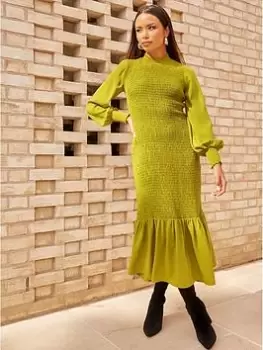 Image of Chi Chi London Long Sleeve Shirred Maxi Dress In Green, Size 12, Women