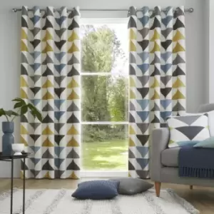 Image of Brodrick Geometric Print 100% Cotton Eyelet Lined Curtains, Blue/Ochre, 66 x 54" - Fusion