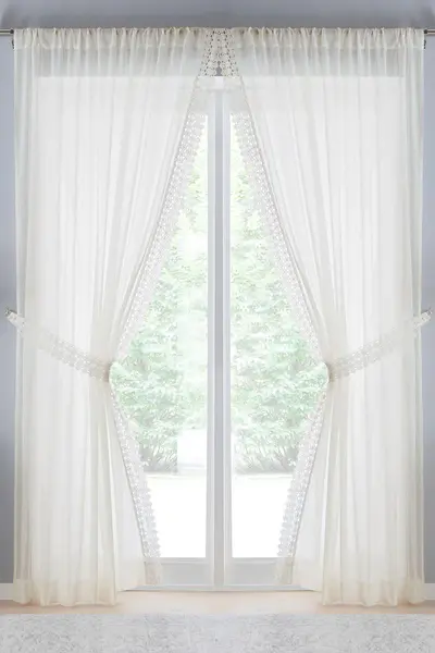 Image of Tyrone Textiles Windsor Crushed Voile Panel with Marame Trim and Tie Back - Pair Cream