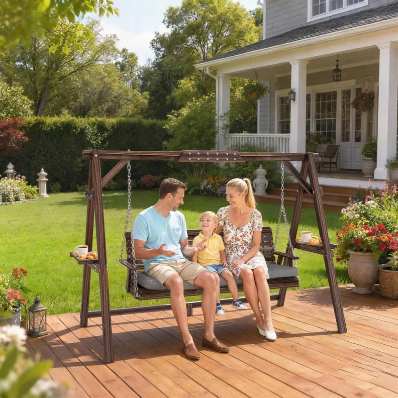 Image of Outsunny 3 Seater Wooden Garden Swing Seat Chair With Side Trays And Cushion