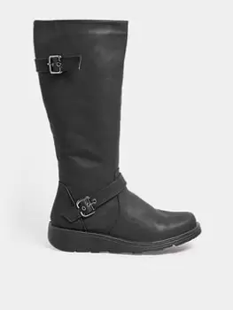 Image of Yours Wide Fit Black Knee Wedge Boot, Black, Size 6E, Women