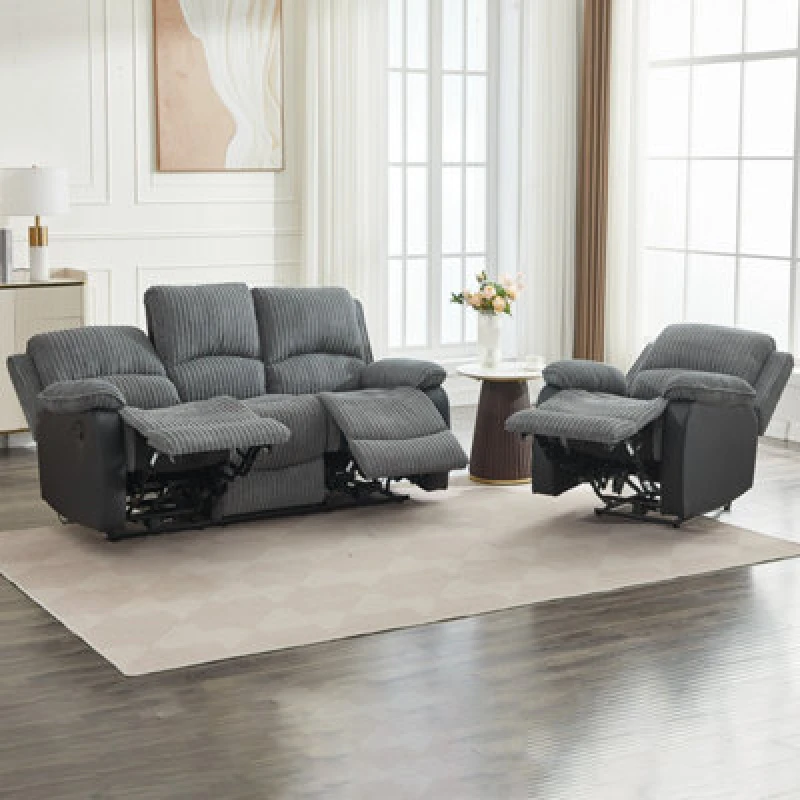 Image of Electric Reclining Sofa Set, Corduroy Fabric Recliner Sectional Sofa Suite - 1+3 Sofa Set