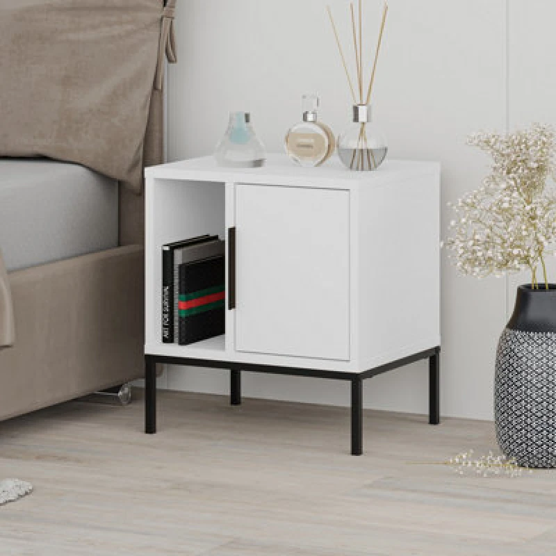 Image of Decortie Modern Glynn Bedside Table White W/black Metal Straight Leg 45(W)Cm Nightstand 1-Door Storage Space Metal Handle Bedroom