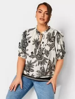 Image of Yours Tie Neck Short Sleeve Blouse White & Black Print, White, Size 18, Women