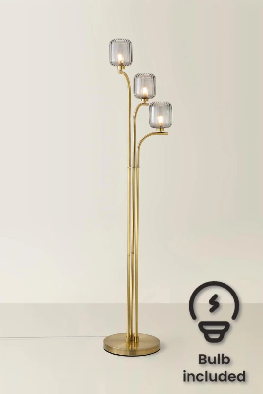 Image of ValueLights Amelie Gold Stem 3 Way Ribbed Glass Lamp Floor Light with LED Bulbs Gold