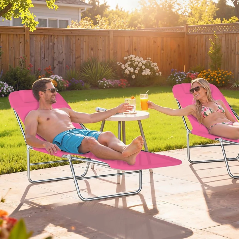 Image of Outsunny Adjustable Sun Bed Garden Lounger Recliner Relaxing Camping Pink 84B-397PK