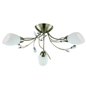 Image of 3 Light Semi Flush Multi Arm Ceiling Light Antique Brass, Crystal and Opal Glass, E14