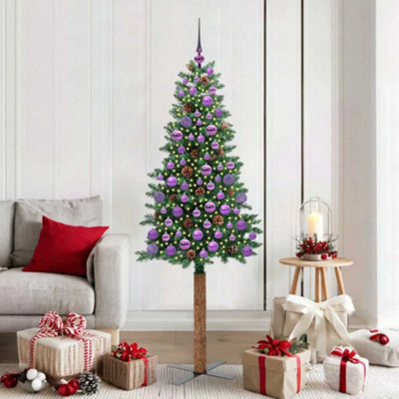 Image of vidaXL Slim Christmas Tree with Lilac Balls Green 180cm PVC and Solid Pine wood, Green 3394870