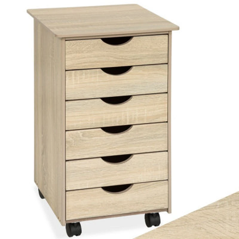 Image of Tectake Chest Of Drawers, 6 Drawer Wooden Filing Cabinet With 4 Swivel Wheels - 1 - Wood Light, Oak Sonoma