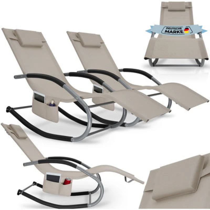 Image of Tectake Set Of 2 Sun Lounger Taya With A Modern Design, Rocking Function And Breathable Surface - Beige