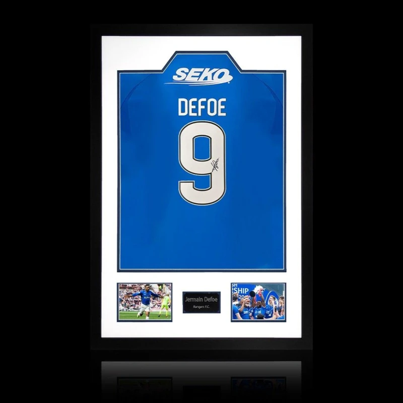 Image of The Fan Cave Jermain Defoe Signed Rangers Shirt Premium Frame Blue unisex 850mm x 60