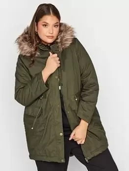 Image of Yours Faux Fur Trim Hooded Parka - Khaki, Green, Size 22-24, Women