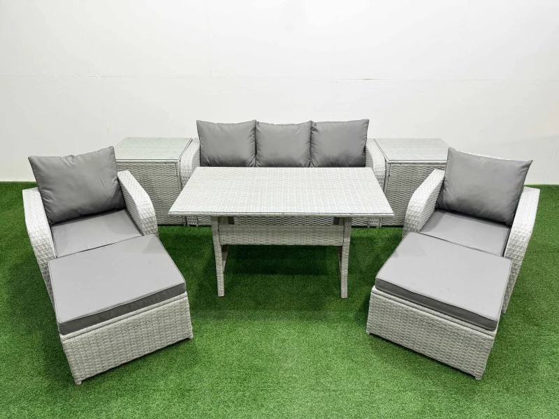 Image of Fimous PE Rattan Garden Furniture Set Reclining Chair Sofa Lounge Sofa Set Rectangular Dining Table 2 Side Table 2 Big Footstool Light Grey Light Grey