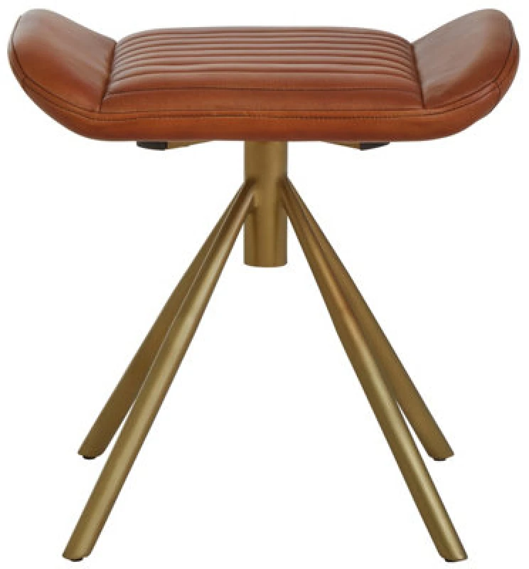 Image of Orsina Tan Leather Footstool, Genuine Buffalo Leather Seat With Channel Detailing, Gold Finish Iron Spoke Base