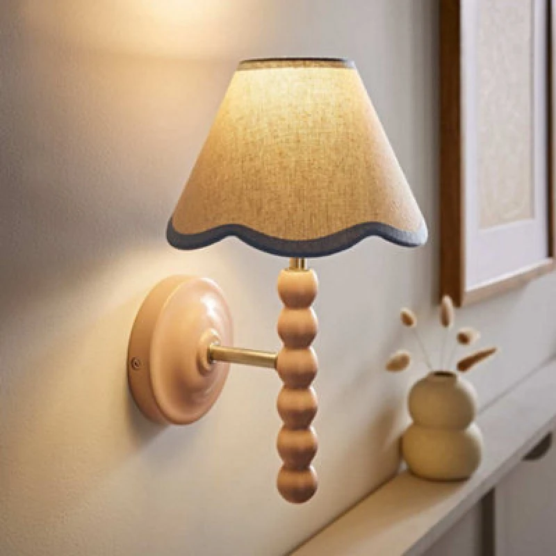 Image of Valuelights Bobbin Pink Wall Light With Blue Trim Scallop Shade And Bulb